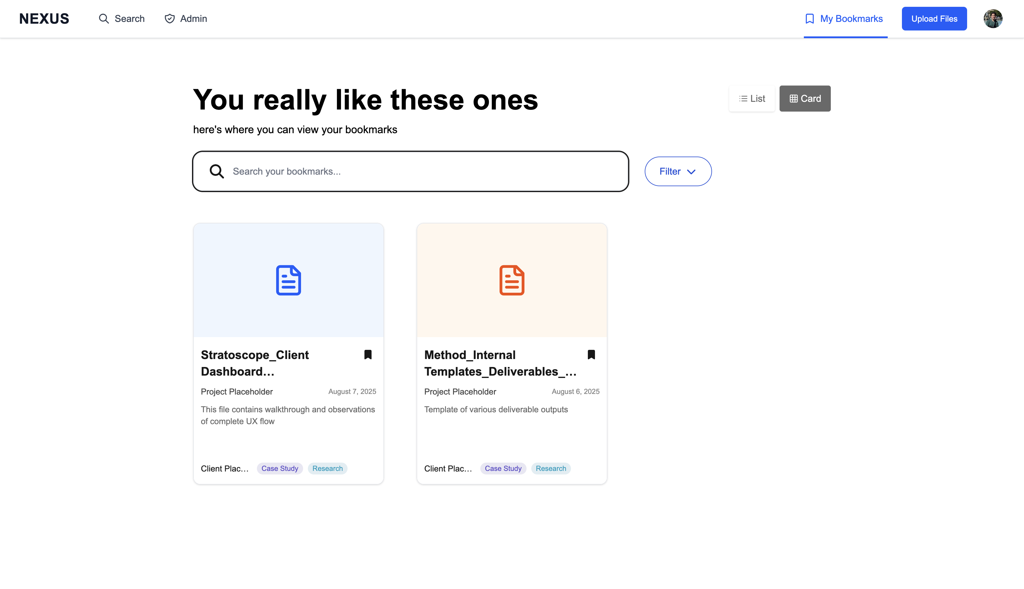 NEXUS bookmarks page showing saved items